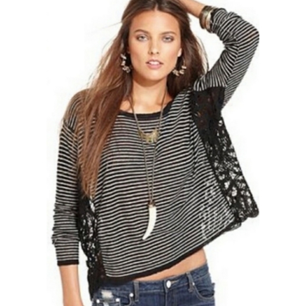 Free People Black and White Striped Lace-Side Pullover